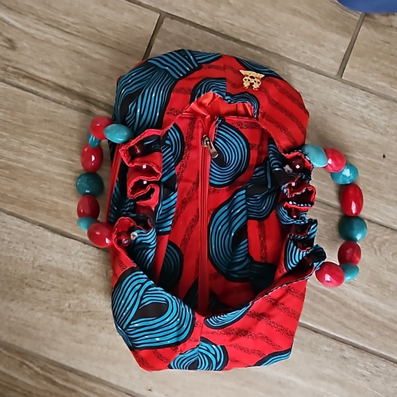 African tribal print bag beaded red and turquoise - Picture 9 of 13